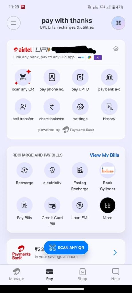 Airtel Payment Bank Internal Page